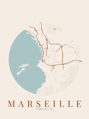 Poster de la carte de MARSEILLE, FRANCE, style warm, encadre au mur
